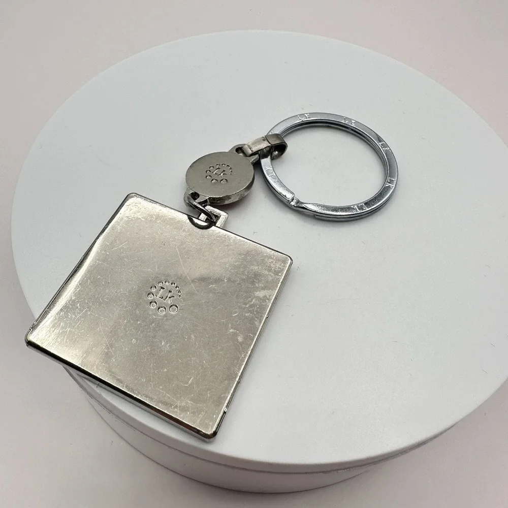Vintage 70s LK Barcelona Spain Souvenir Silver Tone Square Charm‎ Keychain Retro